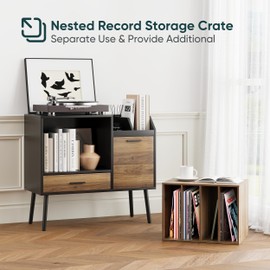 Semiocthome Record Player Stand with Nesting Vinyl Storage Crate, Record Player Table with a Drawer, a Cabinet, CDs Storage Area, Side End Table with Solid Wood Legs for Turntables for Living Room