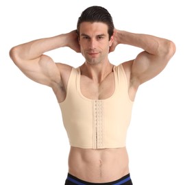 BaronHong Men's Body Shaper Chest Binder Flat Compression 3 Rows Closure Chest Corset Vests, skin-coloured