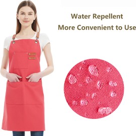 AFUN Chef Aprons for Women Men with Large Pockets, Cotton Canvas Cross Back Water Repellent Work Apron, Size M to XXL(Pink)