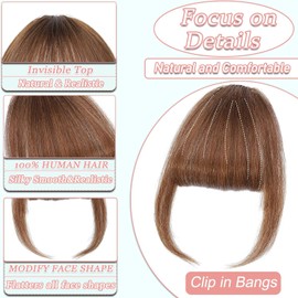 Clip in Bangs, 100% Real Human Hair Wispy Fake Bangs Hair Clip for Women Light Brown Natural Curtain Fringe with Temples Hairpieces for Daily Wear (Wispy, Light Brown)