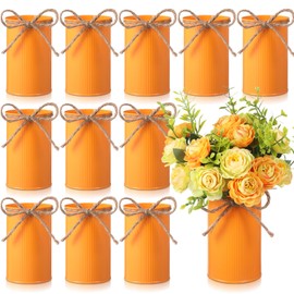 Domensi 4.33 Inch Petite Farmhouse Vase Decor Vintage Flower Vase with Twine Bow Rustic Galvanized Metal Buckets for Artificial Flowers for Table Centerpiece Weddings(Orange,12 Pcs)