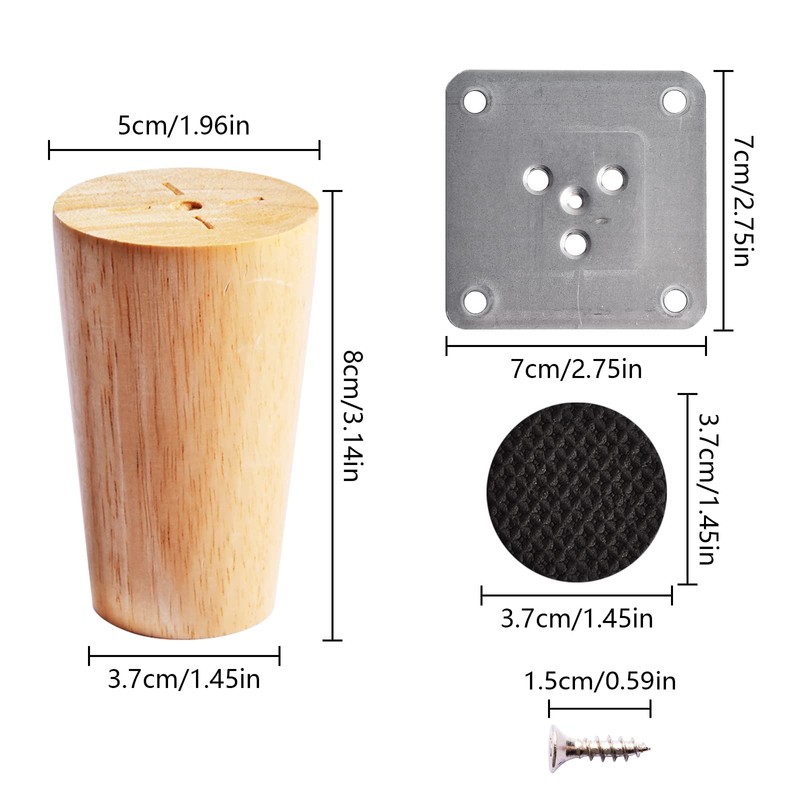 Pack of 4 8 cm Wooden Furniture Legs, Replacement Wooden