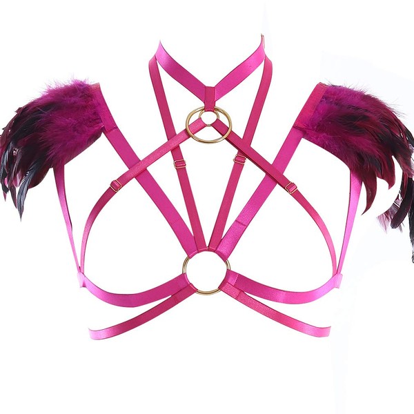 PETMHS Women's Harness Women Gothic Feather Adjustable Body Caged Bra Style Lingerie Sling Full Body Feather Bralette Strap Full Body Set Festival Rave Halloween Burning Man Wing, rose red