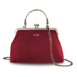 Abuyall Floral Top Handle Handbag Chain Strap Women Kiss Lock Canvas Frame Shoulder Bag, Red-lace