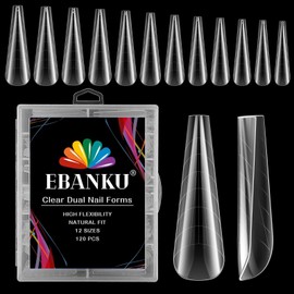 EBANKU 120pcs Clear Dual Nail System Shape Flat Acrylic Coffin Nail Extension Tips Nail Art Manicure Tools 12 Sizes with Scale