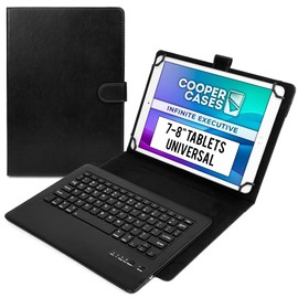 Funda con teclado para tablet de 7-8 pulgadas, panel táctil y magnético de cobre infinito ejecutivo, profesional 2 en 1, Bluetooth inalámbrico, Windows, Android, funda de transporte de piel para viaje + función atril, Negro, 7 - 8" inch