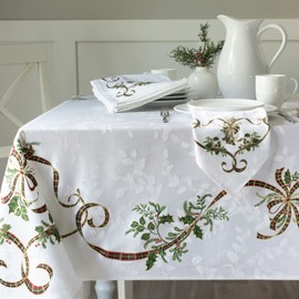 Benson Mills Merry Ribbons Engineered Printed Jacquard Fabric Christmas Table Cloth, Elegant Christmas Tablecloth for All Holiday and Winter (60" x 120" Rectangular, Merry Ribbons)