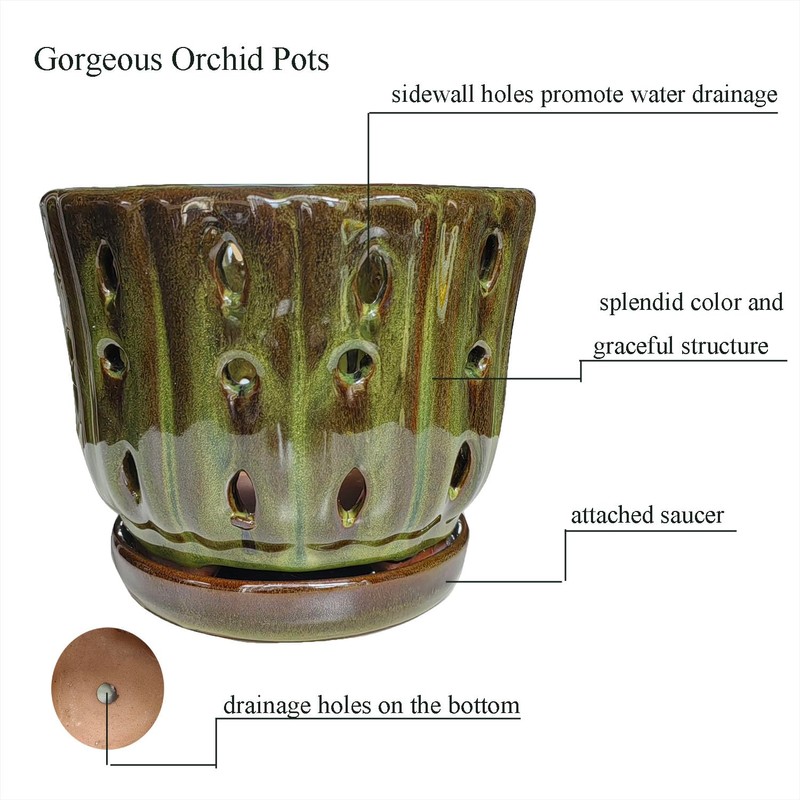 Grdthzey Ceramic Orchid Pots with Attached Saucer and Drainage Hole