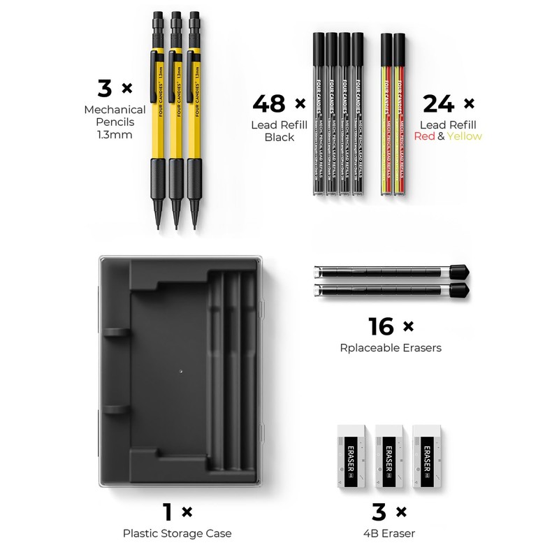 Four Candies 3PCS 1.3mm Mechanical Pencil Set with Case, Metal