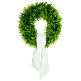 21''Boxwood Wreath,Summer Artificial Greenery Garland with Sash for Front Door Outdoor Porch Decor