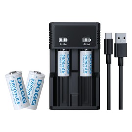 16340 Rechargeable Battery 3.7Volt Button Top 2800mAh Large Capacity for Headlamp LED Flashlight(4 Pack,16340 Battery+Charger)