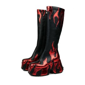 HiColor women’s side zipper high heeled silver Flames printing thick sole boots high boots round toe boots(RED US10)