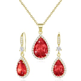 Women Jewelry Set Silver/Gold Plated Teardrop Pendant Necklace Dangle Drop Earrings Dangling Sets Birthstone Crystals Rhinestone,Birthday Anniversary Wedding Mother’s Day Gifts for Women Yellow Gold Plated Ruby red
