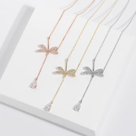 Silver Necklace for Women Dainty Dragonfly Pendant Gold Necklace Minimalist Dragonfly Crystal Necklace Bug Stackable (Silver)