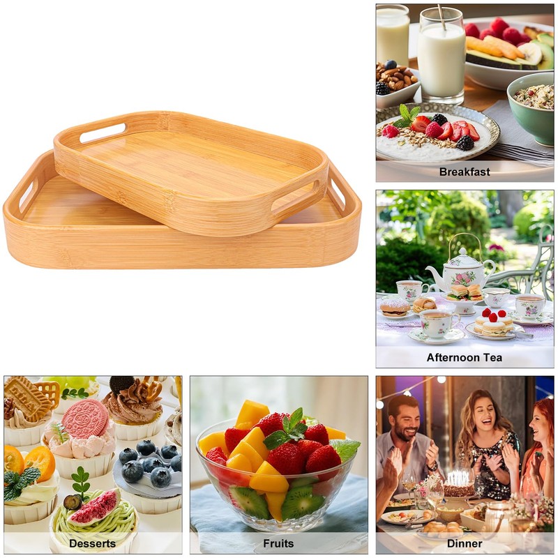 Geytetqi 2 Pack Bamboo Serving Trays with Handles, Rectangular Bamboo