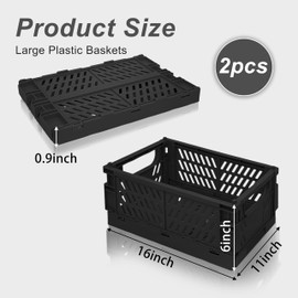 2 Pack Mini Foldable Small Plastic Baskets for Organizing and Storage，Collapsible Storage Crates,Mini Bins for Home Kitchen Bedroom Bathroom Office (Black, Extra Large 16x11x6)