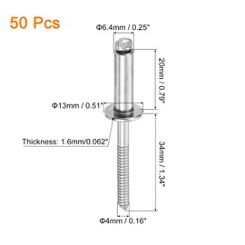 uxcell 50Pcs 1/4"x3/4" 304 Stainless Steel Dome-Head Blind Rivets, Open-End Type Blind Rivets for DIY, Sheet Metal, Automotive Repairs, Furniture, Boat, and Duct Work (Silver)