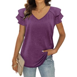 T&Twenties Womens Summer Tops V Neck Ruffle Short Sleeve T Shirts Loose Fit Casual Tunic Tops D-Purple