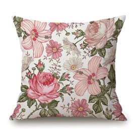 Pink Flowers Decorative Throw Pillow Cover Case Cushion Home Living Room Bed Sofa Car Cotton Linen Square 18 x 18 Inches