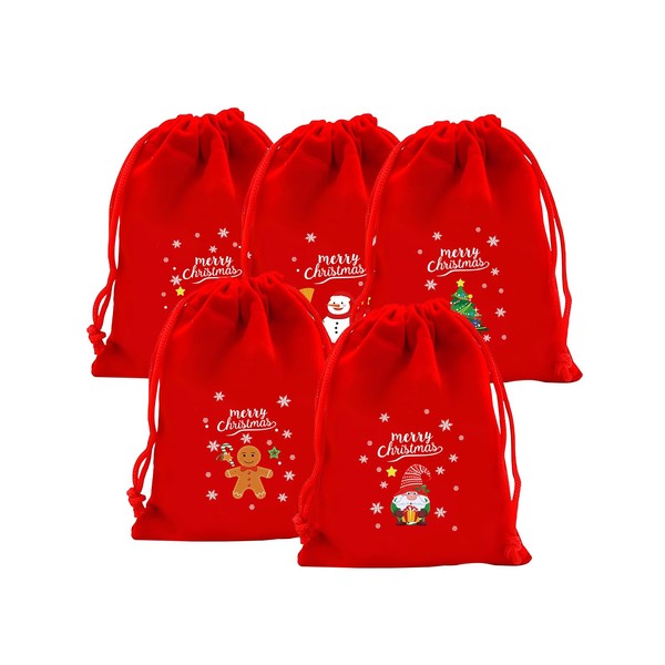 SUMILUOCHEN 5 PCS Red Christmas Drawstring Bag, Reusable Small Christmas
