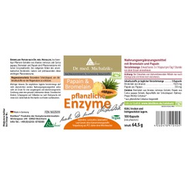 Enzymes Vegetable Dr. Michalzik - Contains High-Quality Plant Extracts - 100 Capsules - Each Capsule 340 mg Bromelain 170 mg Papain - No Additives - by BIOTIKON®