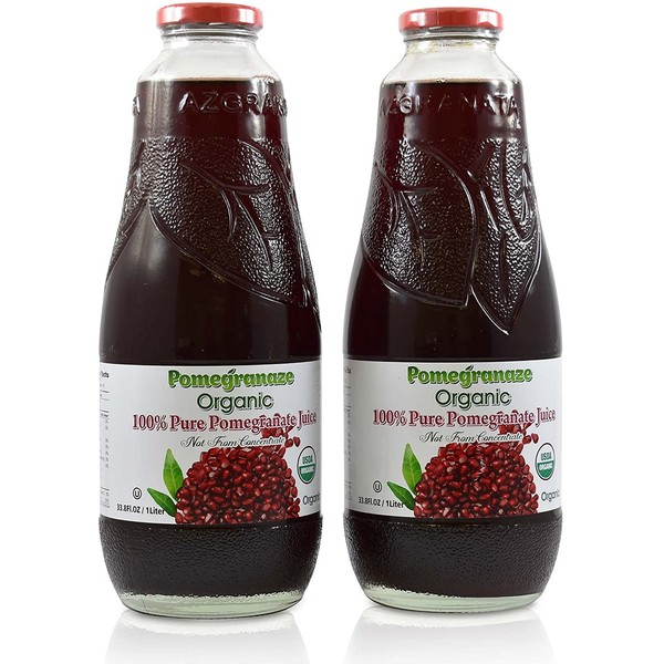 100% Pomegranate Juice - USDA Organic Certified - Glass Bottle (2 Pack)
