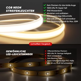 Shine Decor COB LED Strip 1 m, AC 220 V 230 V IP65 Waterproof LED Strip, SMD2025 286 LEDs/m Ultra High Brightness Light Strip for Home Decoration Kitchen Garden LED Lighting (1 m, Neutral White)