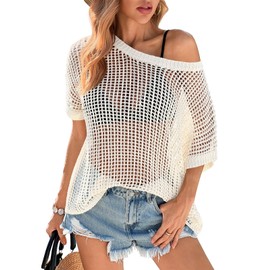Saodimallsu Womens Crochet Sweater Tops Batwing Short Sleeve Oversized Boat Neck Boho Knit Summer Beach Cover Ups White