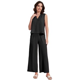 ROYLAMP 2025 - Conjunto de 2 piezas de verano para mujer, sin mangas, con cuello en V, pantalones de cintura alta, conjuntos de trajes casuales de playa, color negro, M, Negro -, Medium