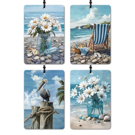 DEQSX Blue Beach Daisy Floral Chair Pelican Car Air Freshener 4 Pcs, Beachy Coastal Ocean Seaside Hanging Air Freshener for Cars Closet Drawer Books, Girly Car Accessories Mirror Decor for Women