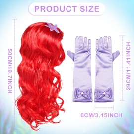 EUPSIIU Mermaid Costume Wig and Princess Gloves, Mermaid Children's Wig, Red Curly Wig, Long Mermaid Fancy Dress Up for Girls Costume Halloween Cosplay Carnival (Red)