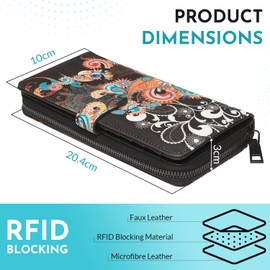 KARMA.DIEM Women's Purse with Colourful Flowers Mandala Pattern, Ethnic Style, Zip, Purse XL with Many Card Slots, black, ethno