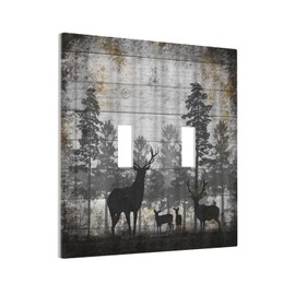 Wpshijia Rustic Deer Forest Vintage Wood Board Double Toggle Boho Light Switch Covers Decorative Country Unique 2 Gang Wall Plate Dual Electrical Faceplate Switchplate for Farmhouse Cabin Decor