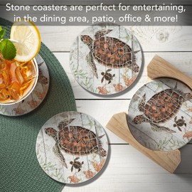 CounterArt Shoreline Shells 4 Pack Round Decorative Absorbent Stone Coasters with Protective Cork Backing in Wooden Holder Made in The USA