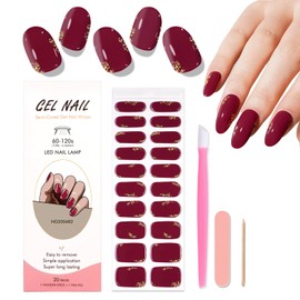 WOKOTO Semi Cured Gel Nail Strips, 20 Pcs Burgundy Red Glitter Semi Cured Gel Nail Stickers Full Nail Wraps With Nail File & Wood Stick, UV Light Required, Salon Quality, Easy to Apply&Remove