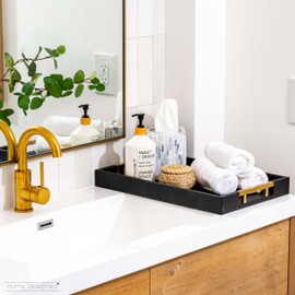 Modern Elegant 18"x12" Rectangle Black Glossy Shagreen Faux Leather Decorative Tray Ottoman Coffee Table Perfume Living Room Kitchen Serving Tray with Gold Polished Metal Handles by Home Redefined