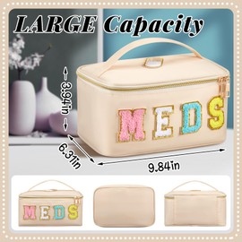 Geetery Chenille Letter Bag Nylon Meds Makeup Cases Preppy Patch with Zipper, Portable Cosmetic Toiletry Storage Bag for Women(Beige)