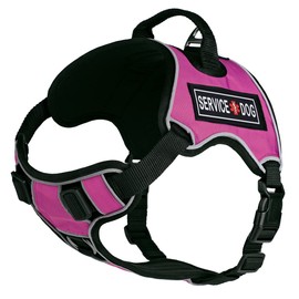 Dogline Quest No-Pull Dog Harness with 3D Rubber Service Dog Removable Patches Reflective Soft Comfortable Dog Vest with Quick Release Dual Buckles Black Hardware and Handle 15 to 18 inches Pink