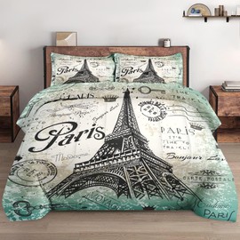 WeCozy Queen Size Comforter Set with 2 Pillowcase, Vintage Eiffel Tower Flower Soft 3 Pcs Bedding for Kids and Adults, Paris Summer Comforter Set for Room Bedroom Bed Decor