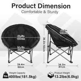 Oversized XXL Folding Round Camping Chair,Super Comfy Padded Moon Camp Chairs,Heavy Duty Supports 400 Lbs Outdoor Lawn Chairs for Adults,Perfect for Indoor,Family Camping,Picnics and Garden,Black