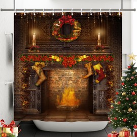 SDOTPMT 165x183cm Christmas Fireplace Shower Curtain Merry Christmas Exquisite Socks Gift Bath Curtain Vintage Brown Brick Wall Winter Holiday Curtain for Bathroom Fabric Polyester with Hooks