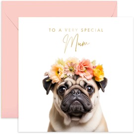 Old English Co. Pug Dog Very Special Mum Card - Pug Floral Cute Birthday Card for Her - Cute Well Done Congratulations Cards for Mother from Son Daughter Children | Blank Inside Envelope