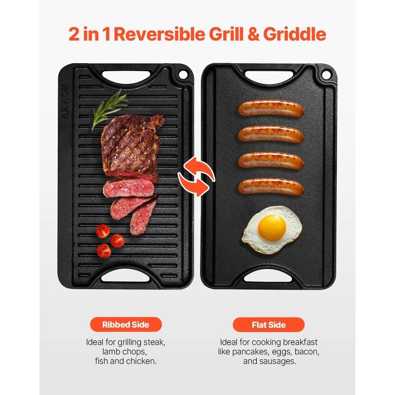 VEVOR Reversible Grill/Griddle, 14x8.5 inch Pre-Seasoned Cast Iron Griddle, Portable