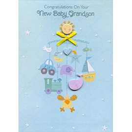 Designer Greetings Mobile with Tip On 3D Face, Heart, Whale and Yellow Ribbon Hand Decorated Designer Boutique Keepsake New Baby Grandson Congratulations Card