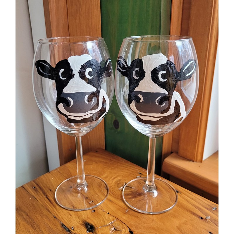 Dairy Cow Hand Painted Stemmed Wine Glasses Set of 2