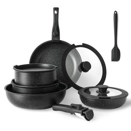 Simple Deluxe 12 Pcs Non-Stick Cookware Set, with Black Granite Texture and Detachable Handles, Resistant to High Temperatures, Oven Safe, PFAS and PFOA Free