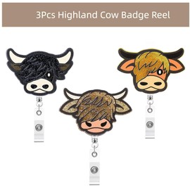 Highland Cow Badge Reel, Retractable ID Card Holder with Glitter Design, 3-Pack, Metal Clips, for Nurse Doctor Teacher Student Office School Supplies