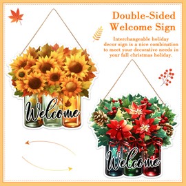 WhatSign Welcome Fall Decorations Sign for Home Double-Side Welcome Christmas Door Sign Farmhouse Fall Door Decor Sign Autumn Wreaths Winter Christmas Welcome Sign for Front Door Porch Wall Decorations