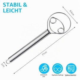 HOTUT Danish dough whisk, dough mixer, stainless steel, Danish whisk, kitchen accessories for bread, dough, cakes, pastries and more
