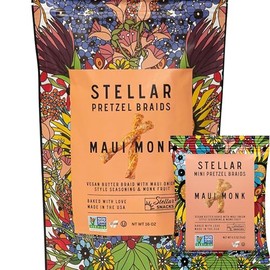 Stellar Snacks Pretzel Braids - Regular Big Bag & Mini Pretzel Braids Combo - Regular & Mini Maui Monk Vegan Pretzels, Large Resealable Bag 16 Oz Bundled with Mini Pretzel Airline Size Sampler, Vegan, Non-GMO, Gourmet Pretzel Sticks, Braids, Rods, Twists